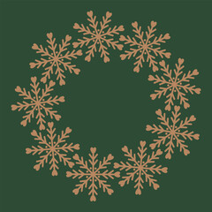 Intricate copper snowflake wreath with heart-shaped details, seamless circular pattern on dark green background for holiday decor and cards