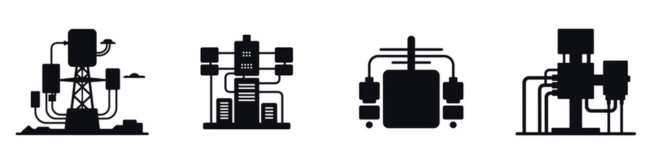 Electric Transformer Silhouette Icons – Power Grid Equipment Vector, Energy Distribution, Voltage Converter, Industrial Electricity Infrastructure, Utility Substation and Engineering Illustration