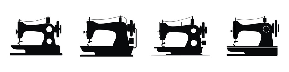 Vintage Sewing Machine Silhouette Icons – Tailoring Equipment Vector, Retro Textile Tools, Fashion Design, Dressmaking, Handmade Clothing, Needlework and Crafting Illustration