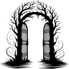 Silhouette of a spooky, eerie gate framed by twisted trees, ideal for Halloween designs