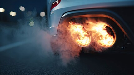 close up of a sports car exhaust with flames