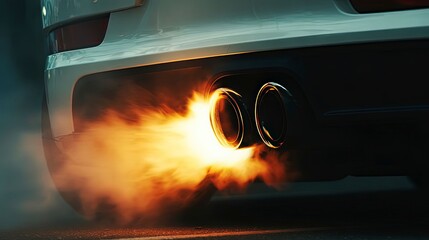 close up of a sports car exhaust with flames
