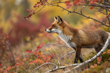 Fototapeta premium Red fox stands alert amidst autumn foliage and dry grass vulpes animal