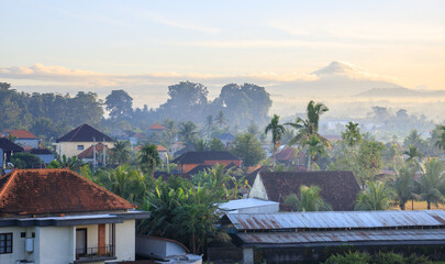 Mountain range is visible in the background of a town with houses
