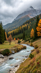 Obraz premium Serene mountain stream flows through autumn forest valley under cloudy sky river