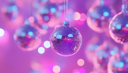 Fototapeta premium A single, reflective purple Christmas ornament hangs from a string in front of a blurred background of purple and blue lights.
