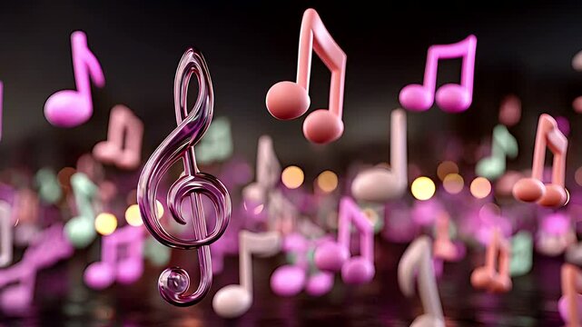 A collection of vibrant, three-dimensional musical notes and a treble clef float amidst soft, blurred lights