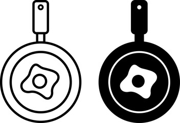 Frying Pan Icons. Black and White Vector Illustrations. Fried Egg on a Frying Pan. Cookware. Cooking Concept