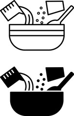 Ingredients Icons. Black and White Vector Illustrations. Bowl, Measuring Cup with Water, Spoon, and Glass with Salt. Ingredients for Making Dishes and Drinks. Cooking Concept