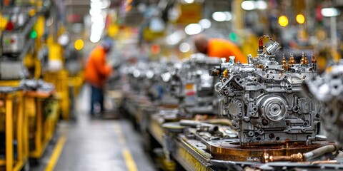Fototapeta premium Automotive engine production line showcasing modern manufacturing and skilled workers in a vibrant factory setting representing engineering excellence