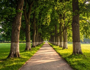 Fototapeta premium A serene pathway lined with tall trees casts gentle shadows across the grassy park.
