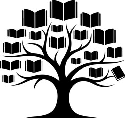 A conceptual illustration of a a knowledge tree with open books as leaves, symbolizing wisdom, learning, and literature