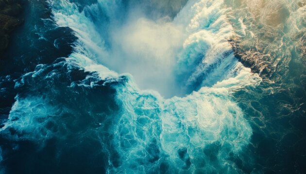 The image shows an aerial perspective of a waterfall with turquoise and deep blue water, creating a visually striking contrast.