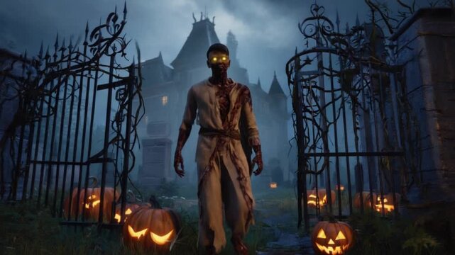 Zombie walking through a graveyard with pumpkins and a spooky house in the background at night halloween zombie video