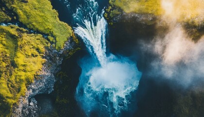 The image shows a waterfall with white water flowing into a blue pool, with green moss-covered rocks surrounding it, taken from a high-angle perspective.