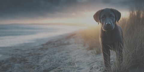 Black puppy standing on the beach at sunset looking towards the camera with ocean waves in the background - Low Contrast