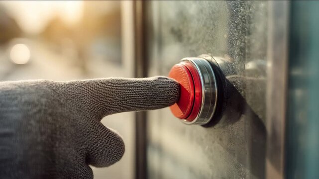 Close up of a person wearing a grey glove pressing a red button on a frosted glass panel, with sunlight in the background. The scene conveys alertness, safety, and winter atmosphere