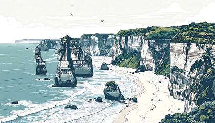 A serene coastal landscape showcases rugged, layered cliffs meeting a sandy beach, with distinctive rock formations rising from the ocean.