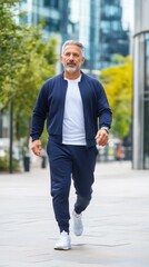Obraz premium Urban walking workout with energetic pace, promoting vitality and healthy routine.