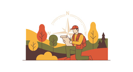 Illustration of a person navigating with a map and compass in a natural landscape