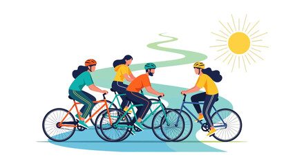 Naklejka premium Illustration of cyclists riding bikes on a sunny day on a path for outdoor activity