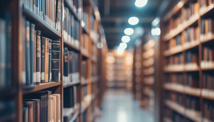 The image shows multiple rows of books on wooden shelves in a library setting, with the background slightly blurred to emphasize depth.