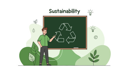 Illustration of sustainability concept with a teacher explaining a recycling symbol in class