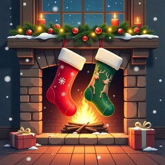 Illustration of two Christmas socks on a fireplace