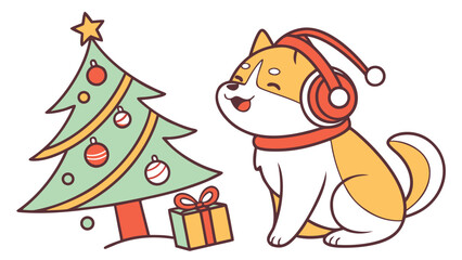 Playful Shiba inu with wearing headphones, set in a charming Christmas theme – Festive Cheer color vector art