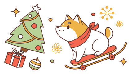 Vector illustration of a Relaxed Shiba inu with riding a skateboard, styled in a Christmas theme using Festive Cheer colors