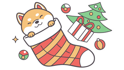 An adorable Shiba inu with a Peaceful vibe, snuggled in a sock, and a Festive Cheer Christmas theme – SVG style