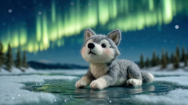 Animated husky puppy on ice lake with northern lights background