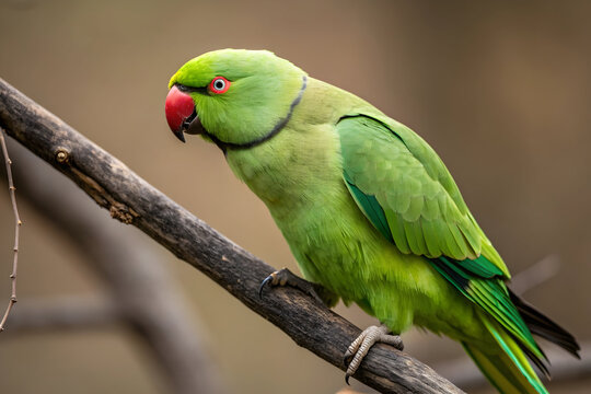 Close up of a vibrant green parrot with red beak perched on a branch bird nature