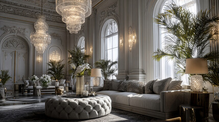 Opulent living room, high ceilings, ornate molding, plush sofa, decorative pillows, round tufted ottoman, multi-tiered chandeliers, crystal elements, table lamps, decorative vases