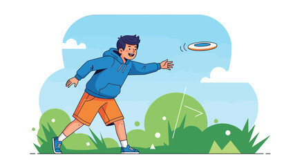 Illustrative Depiction Of A Young Boy Playing Frisbee Outdoors On A Sunny Day