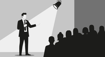 Obraz premium Illustrative image of a speaker addressing an audience with lights focused on him
