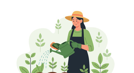Illustration of a woman gardening with a watering can in a vibrant garden scene