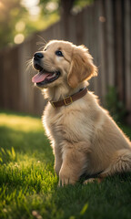 Golden Retriever puppy sitting in green grass with warm sunlight animal
