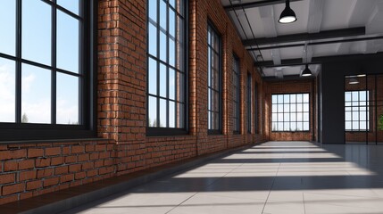 Bright and spacious industrial-style interior with large windows and brick walls, showcasing natural light