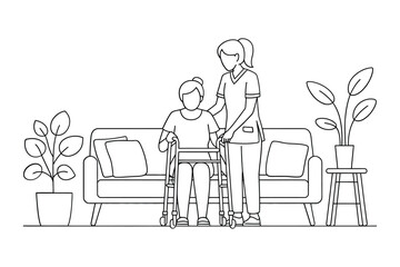 Nurse assisting elderly person with walker on sofa