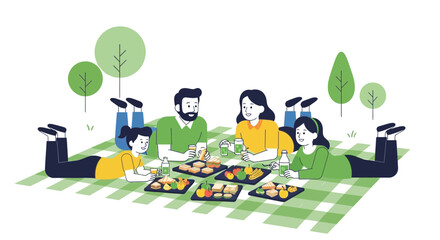 Fototapeta premium Illustrative vector image of a family enjoying a picnic together in a park landscape