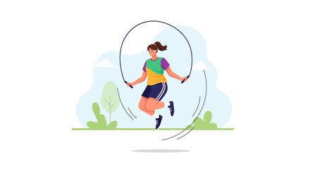 Illustration of a woman jumping rope in a park for fitness and health purposes