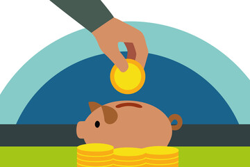 Hand Putting a Gold Coin into a Piggy Bank. Savings and Investment.