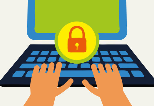 Hand Typing on Laptop with a Security Padlock Icon. Cyber security Concept.