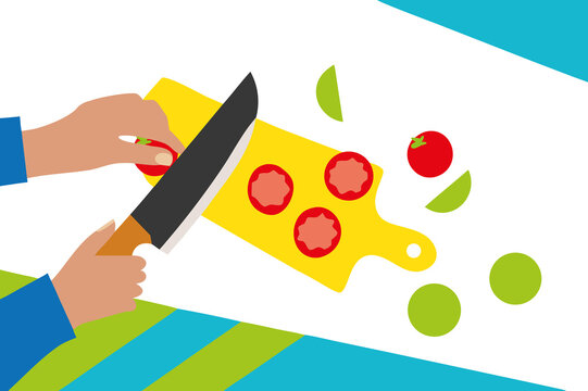 Hands Chopping a Fresh Tomato with a Knife. Cooking and Food Preparation.
