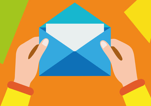 Two hands grip a blue envelope and vibrant colors, to reveal a blank white letter inside