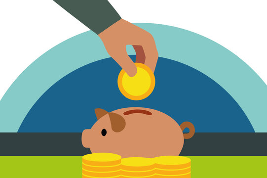 Hand Putting a Gold Coin into a Piggy Bank. Savings and Investment.