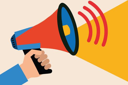Hand Holding a Megaphone and Shouting. Announcement and Marketing.