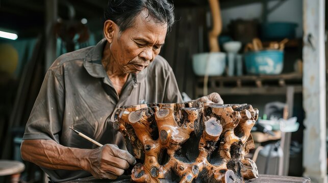 An artisan carefully applies finish to a unique wooden sculpture with a brush in his workshop space