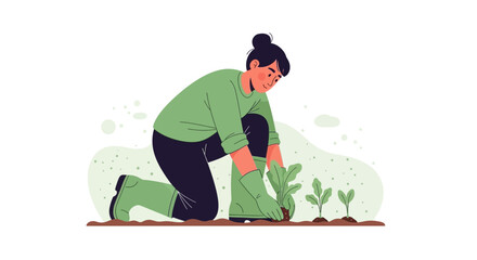 Illustration of a Woman Planting Seedlings in a Garden, Vector Graphics